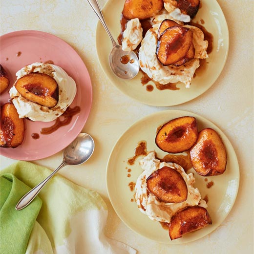 Roast peach meringues with lemon mascarpone cream