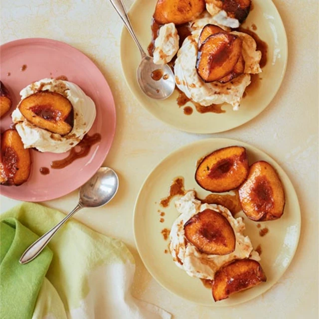 Roast peach meringues with lemon mascarpone cream