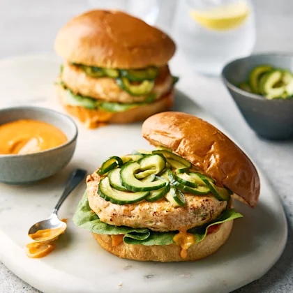 Gochujang Salmon Burger with Sweet-and-Sour Cucumber