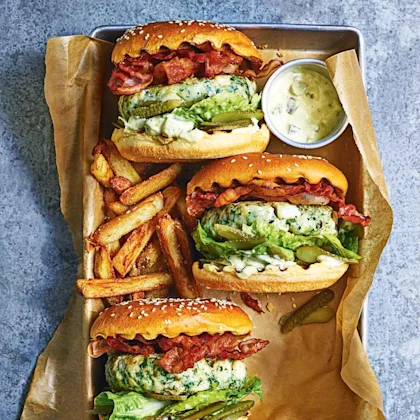 Cod and prawn burger with crispy pancetta