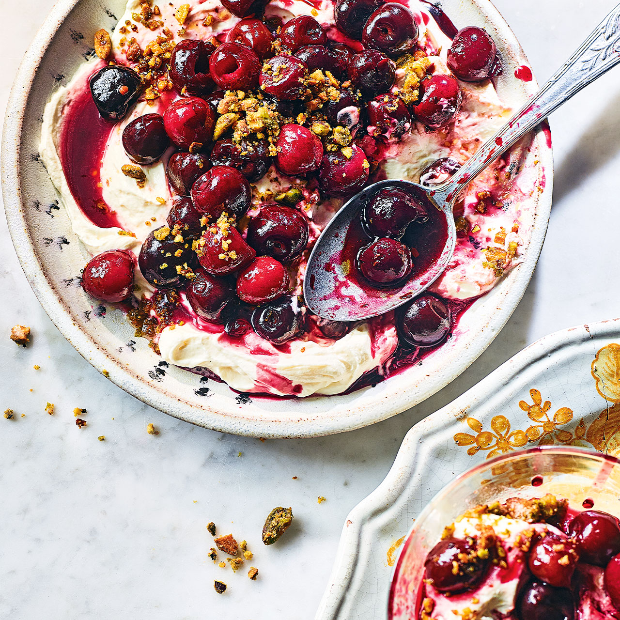 Roasted Cherries with Yoghurt Cream and Pistachio Lime Crumble