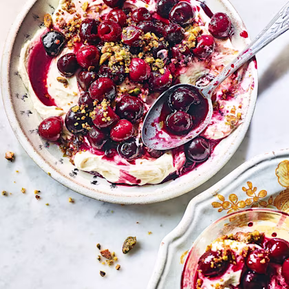 Roasted Cherries with Yoghurt Cream and Pistachio Lime Crumble