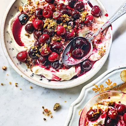 Roasted Cherries with Yoghurt Cream and Pistachio Lime Crumble