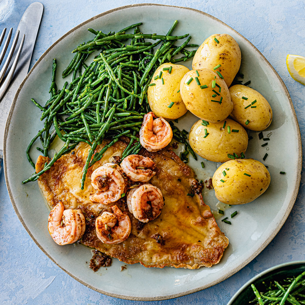Pan-fried Lemon Sole with Spiced-butter Prawns