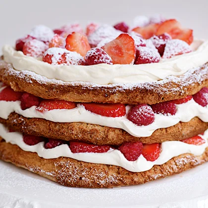 Hazelnut Meringue Layer Cake with Strawberries & Raspberries