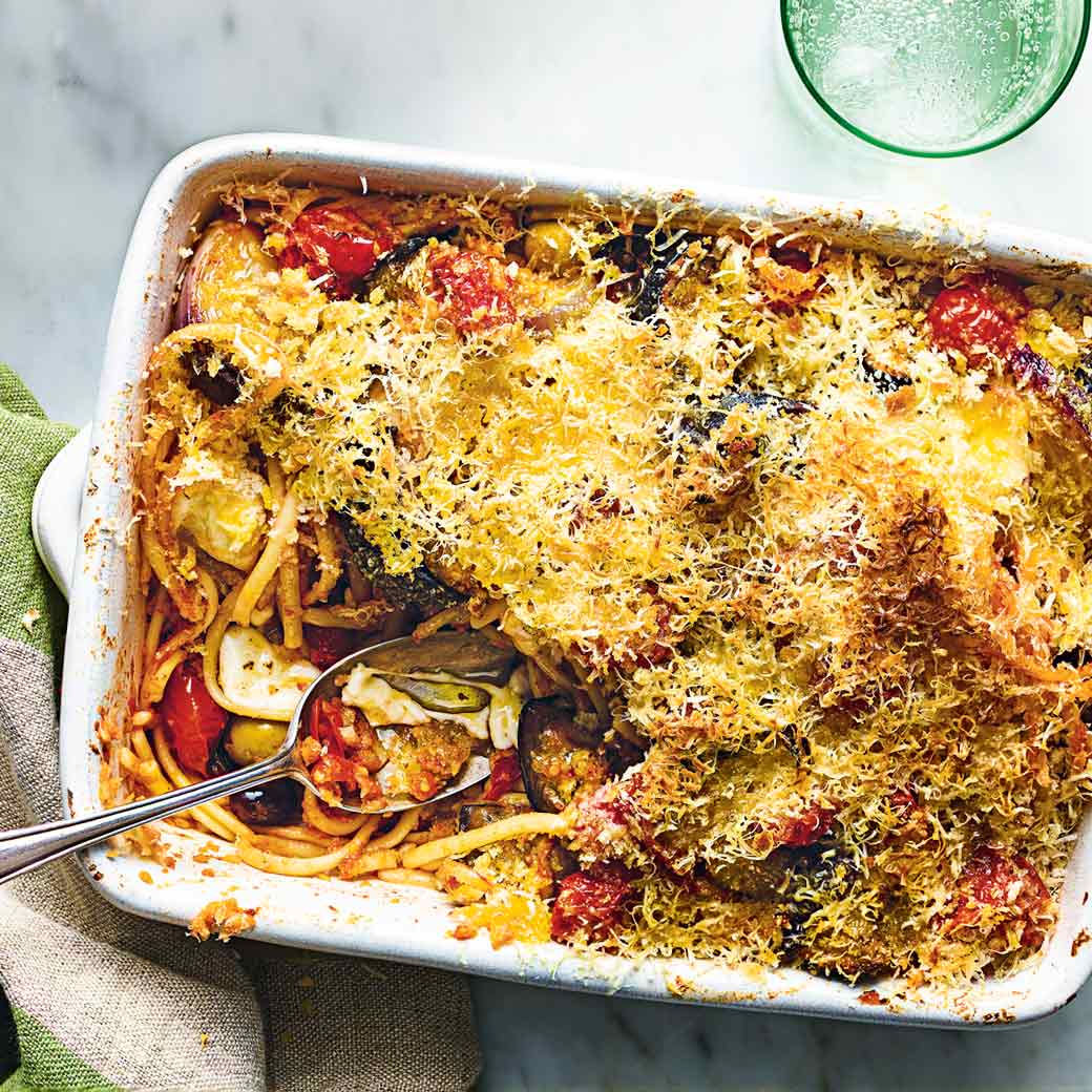 Linguine Bake with Aubergine, Cherry Tomatoes and Mozzarella
