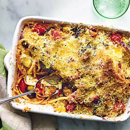 Linguine Bake with Aubergine, Cherry Tomatoes and Mozzarella