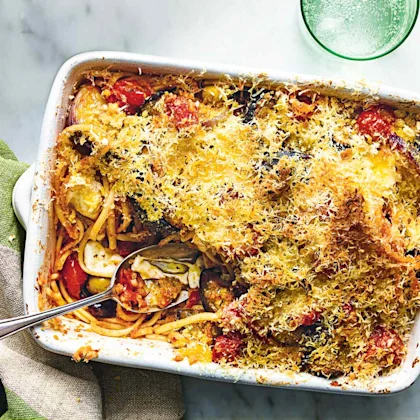 Linguine Bake with Aubergine, Cherry Tomatoes and Mozzarella