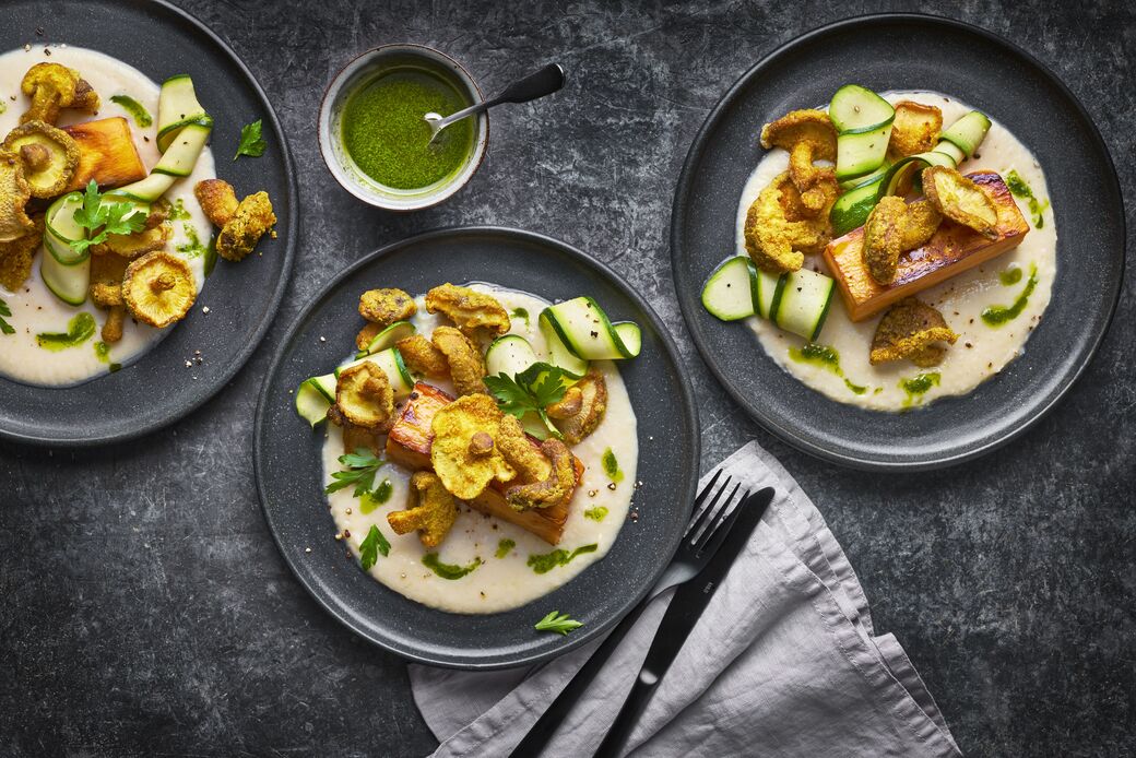 Fondant Sweet Potato with Butter Beans and Fried Mushrooms