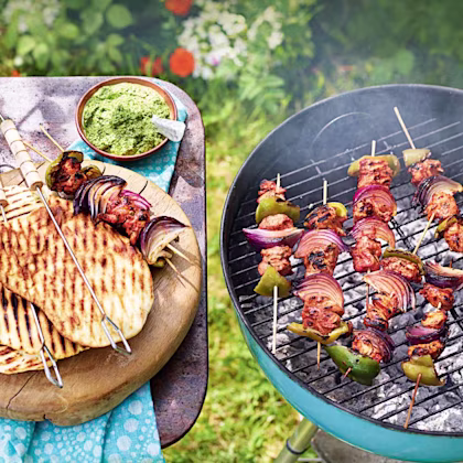 Tandoori Masala Chicken Skewers with Herb and Walnut Chutney and Flatbreads