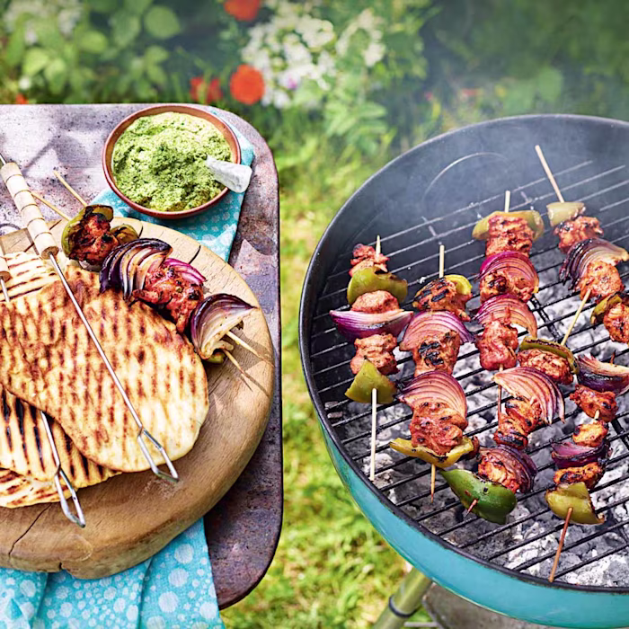 Tandoori Masala Chicken Skewers with Herb and Walnut Chutney and Flatbreads