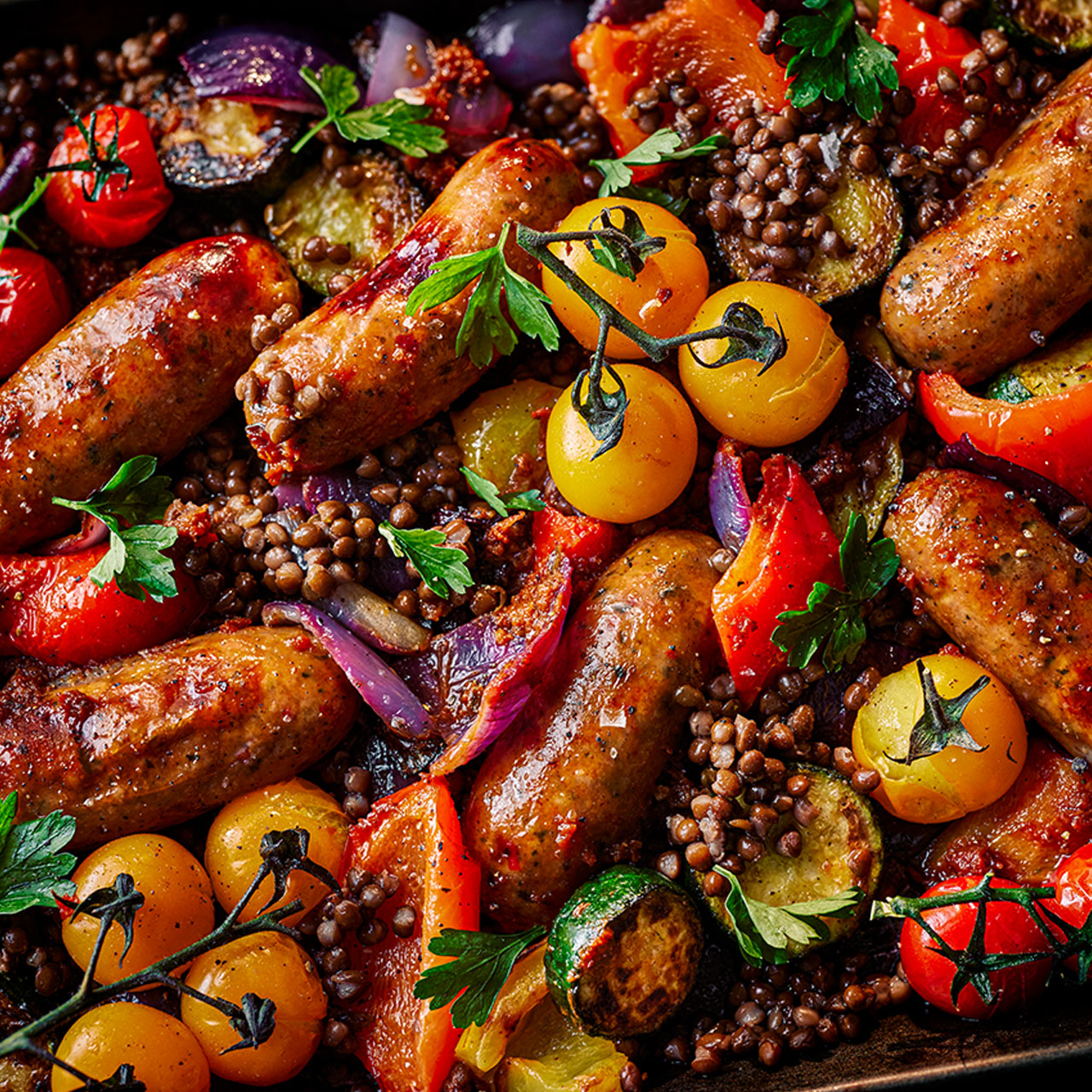 Sausage And Lentil Traybake