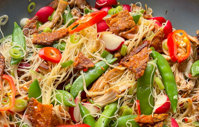 Crispy Chicken Skin and Radish Noodle Salad