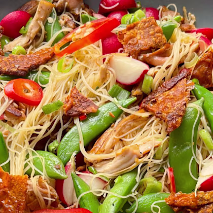 Crispy Chicken Skin and Radish Noodle Salad