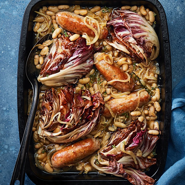 Braised Radicchio with Sausages and Cannellini Beans