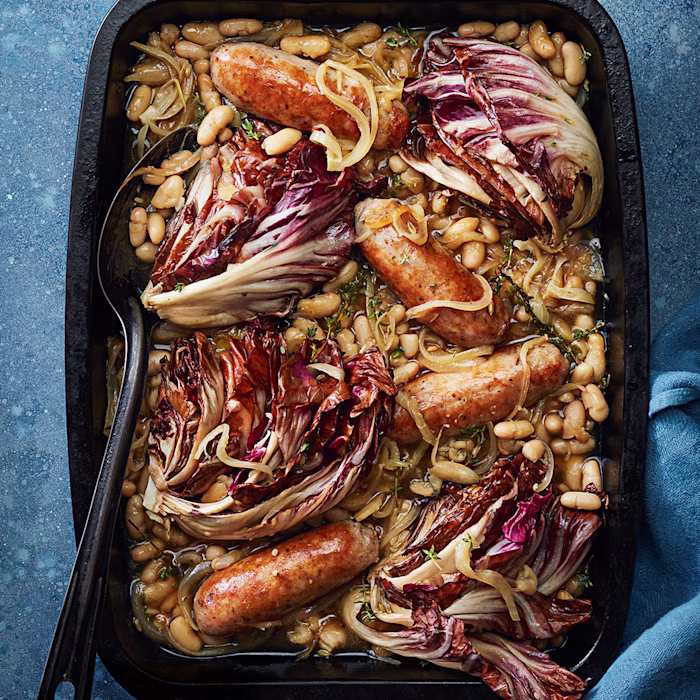 Braised Radicchio with Sausages and Cannellini Beans