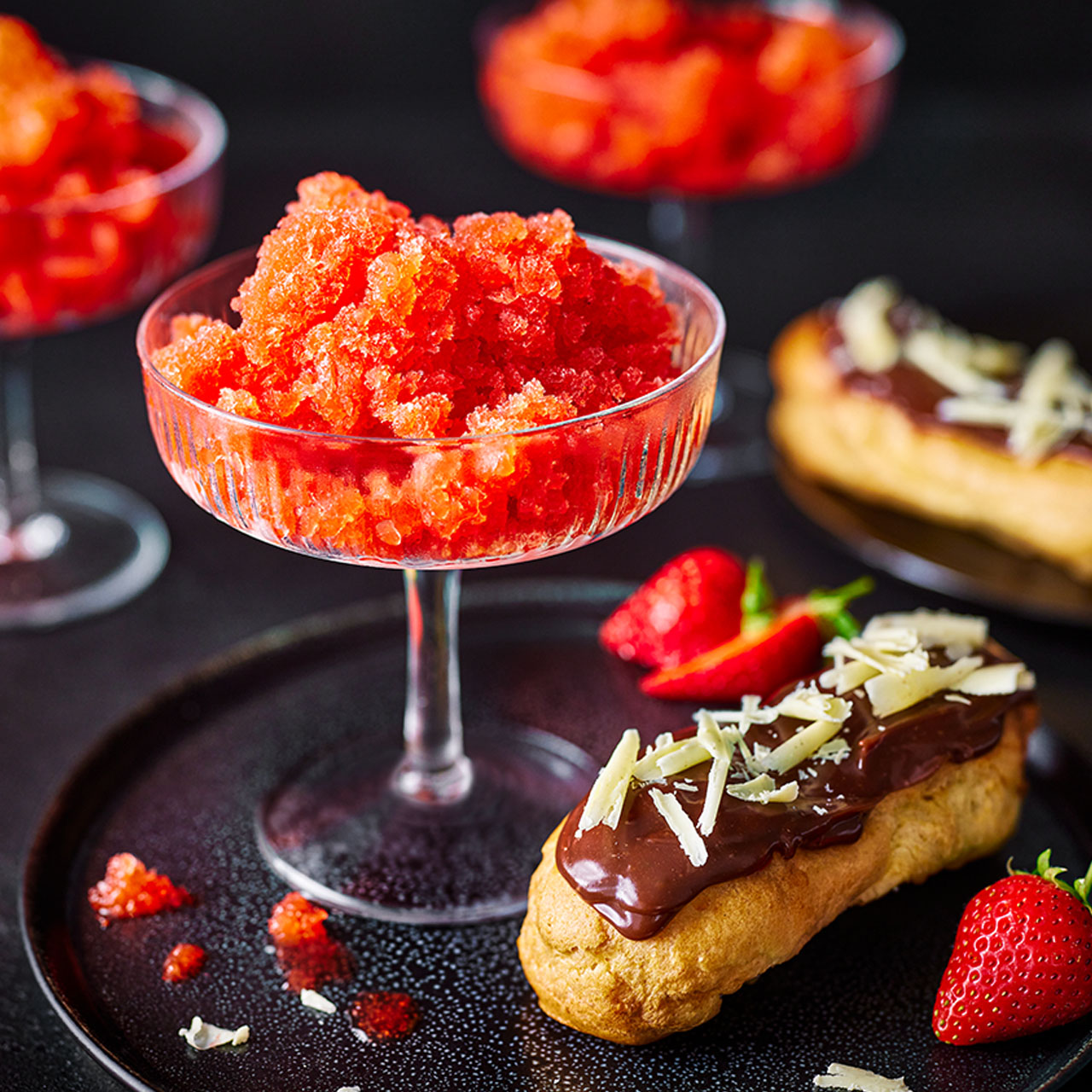 Eclairs with Strawberry and Champagne Granita