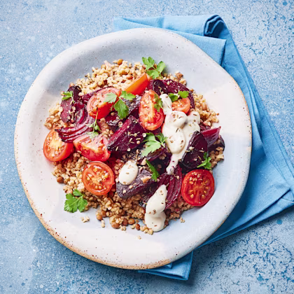Bulgur and Lentils with Roast Beetroot and Sticky Onions
