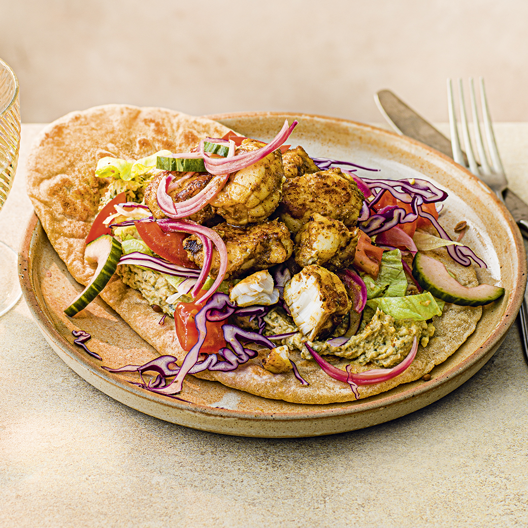 Fish Shawarma, Courgette Houmous and Flatbread