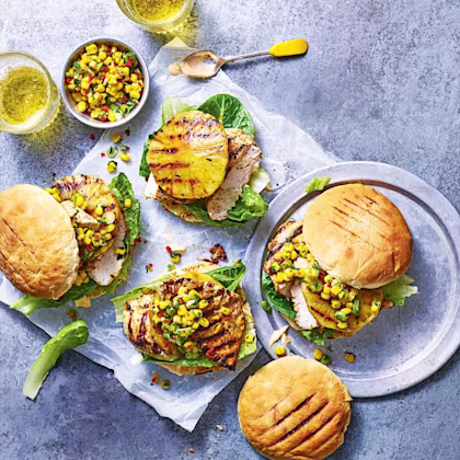 Tropical chicken burger with sweetcorn salsa