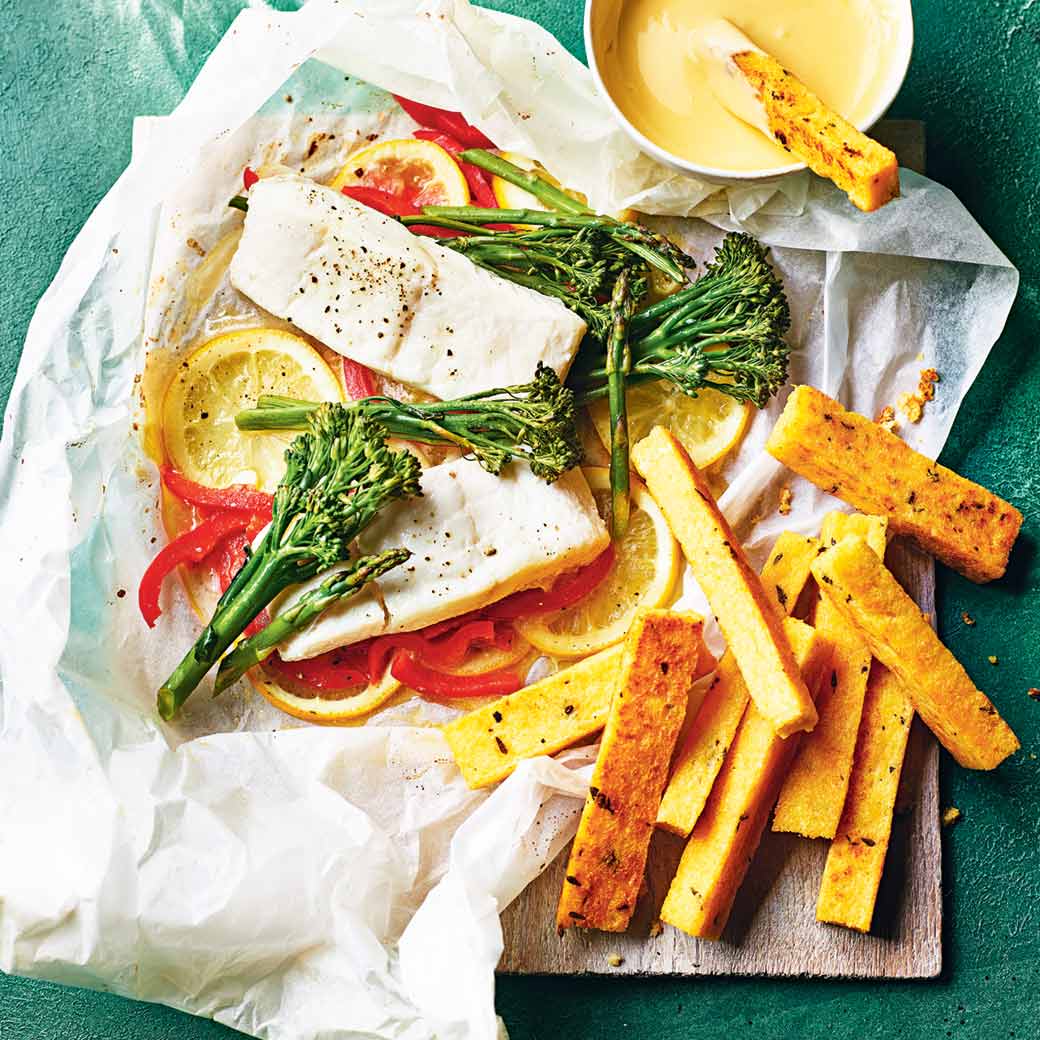 Halibut, polenta chips and quick hollandaise