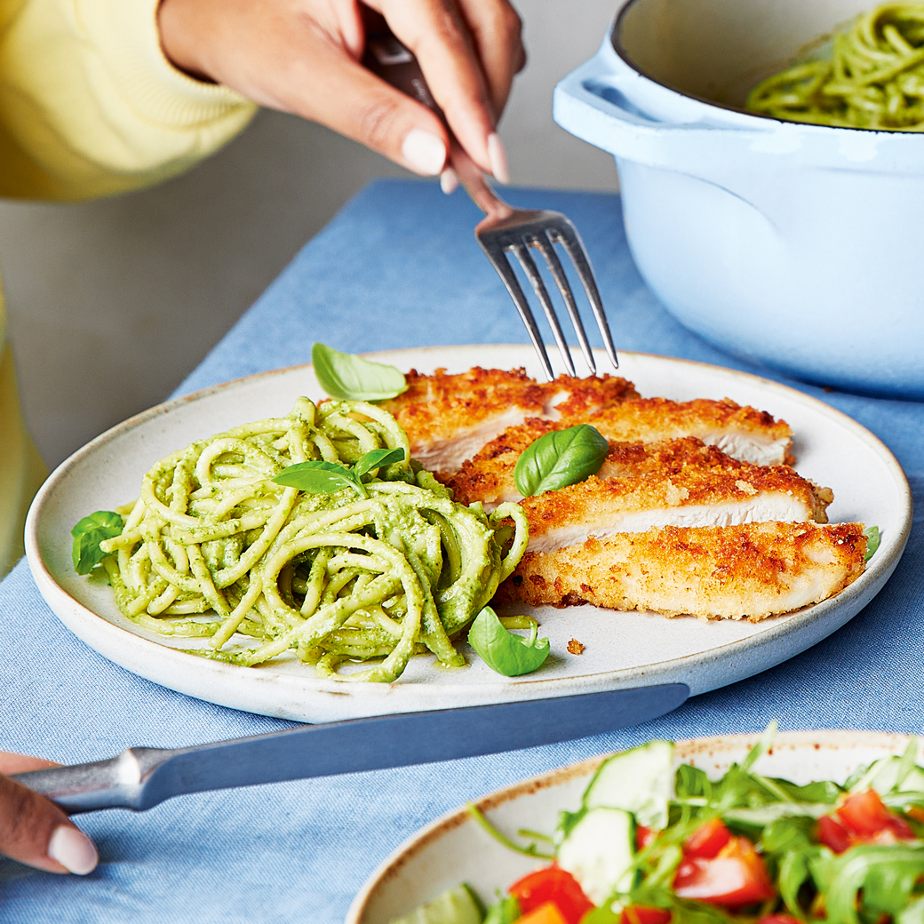Chicken Milanese with Kale Pesto Spaghetti