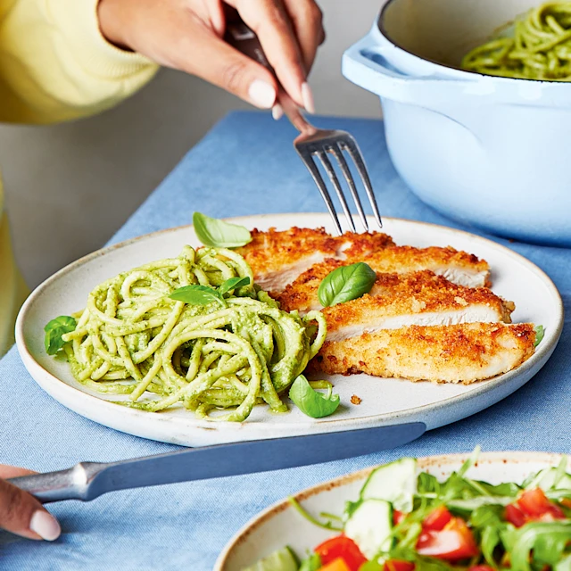 Chicken Milanese with Kale Pesto Spaghetti