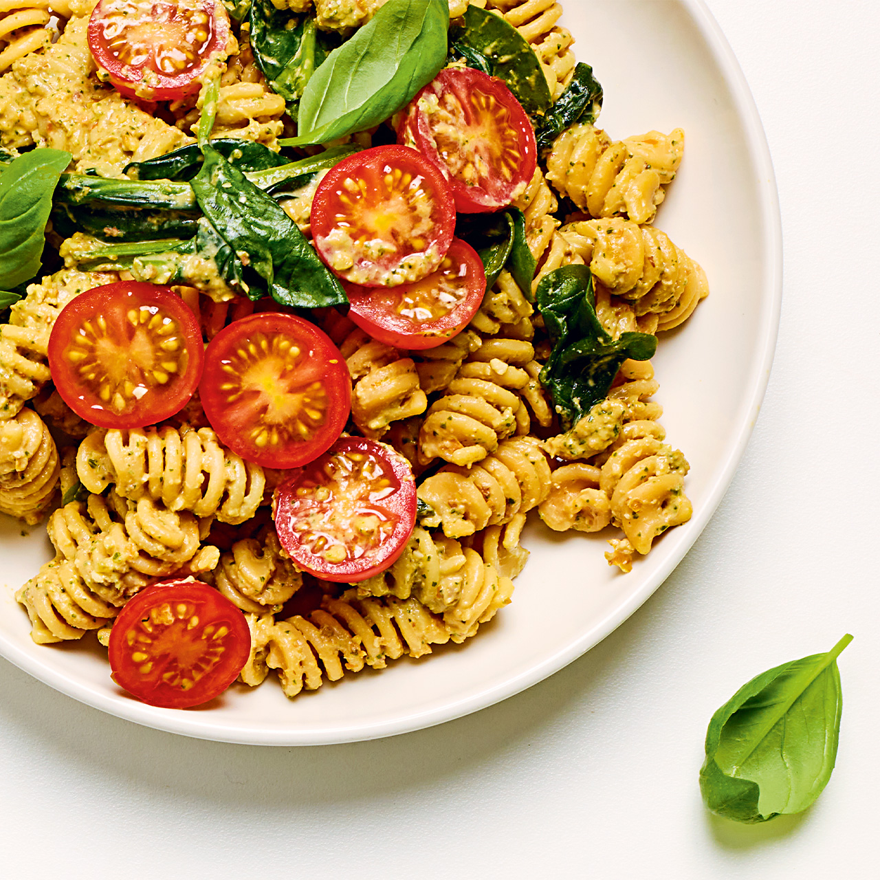 Tofu Pesto with Red Lentil Pasta