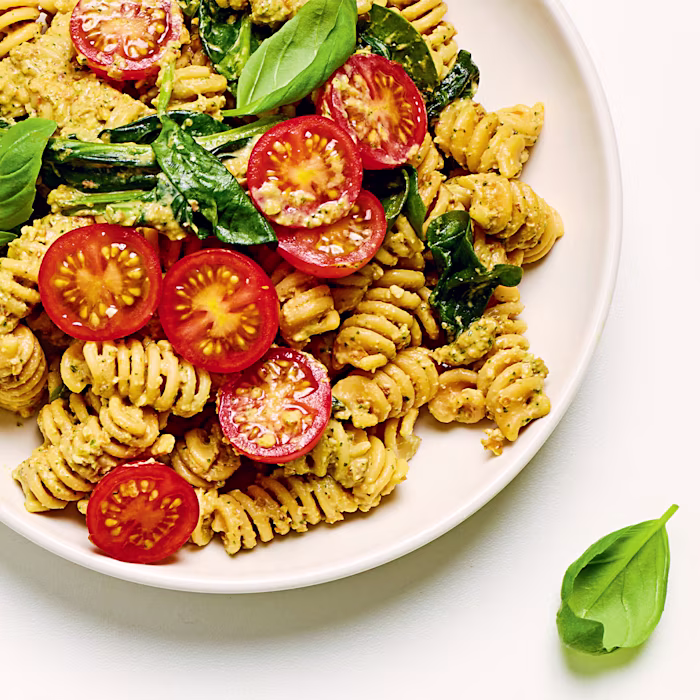 Tofu Pesto with Red Lentil Pasta