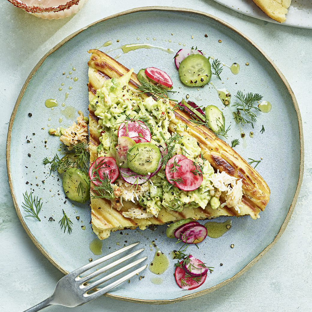 Avocado and Crab Pan Waffles