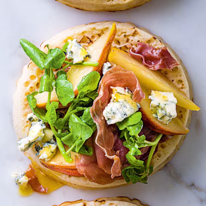 Giant Crumpets With Pear, Blue Cheese and Prosciutto