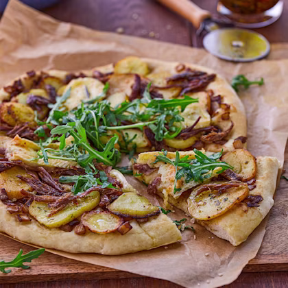 Duck Confit Pizza with Potatoes, Caramelised Onions and Brie