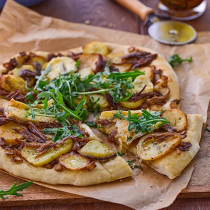 Duck Confit Pizza with Potatoes, Caramelised Onions and Brie