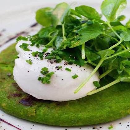 Pea Pancakes and Poached Egg