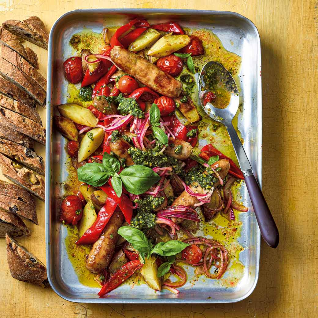 Sausage Traybake with Pistachio Pesto