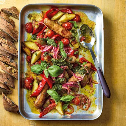 Sausage Traybake with Pistachio Pesto