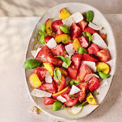 Tomatoes with Pickled Nectarines, Green Chilli and Ricotta