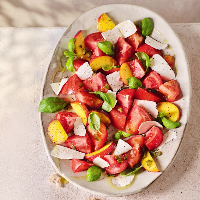 Tomatoes with Pickled Nectarines, Green Chilli and Ricotta