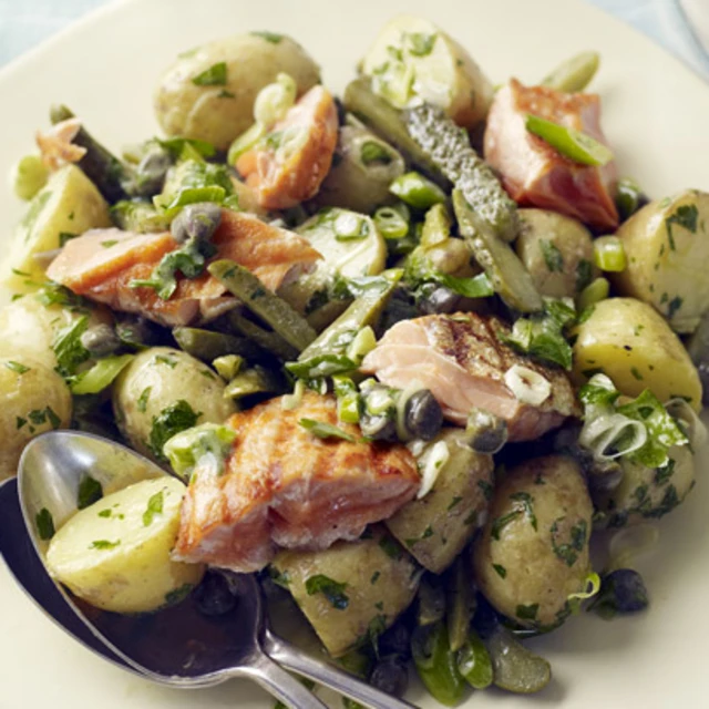 New Potato and Grilled Salmon Salad with Dijon and Parsley Dressing