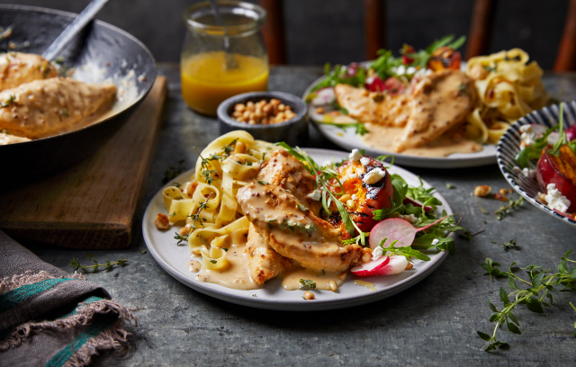 Chicken à la Moutarde Pasta with Hazelnut Butter and Peach & Pine Nut Salad