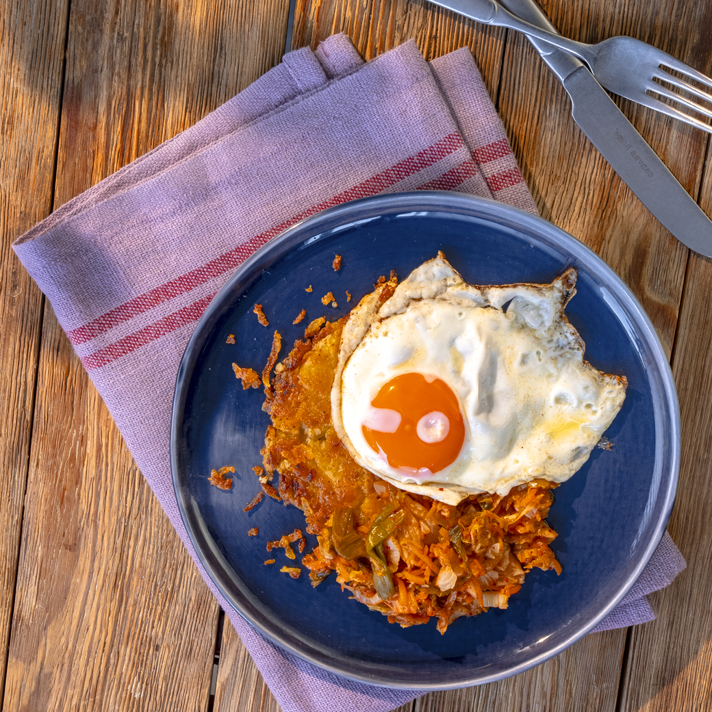 Rosti, Kimchi and Fried Eggs