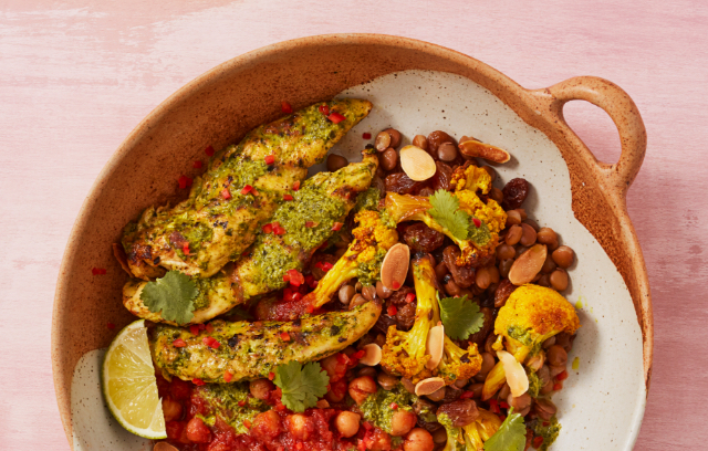 Chicken tikka with chana daal and spiced cauliflower lentil salad