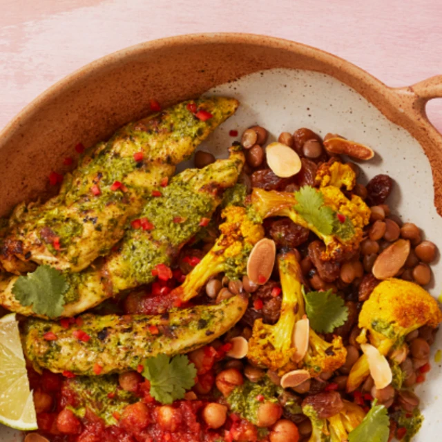 Chicken tikka with chana daal and spiced cauliflower lentil salad