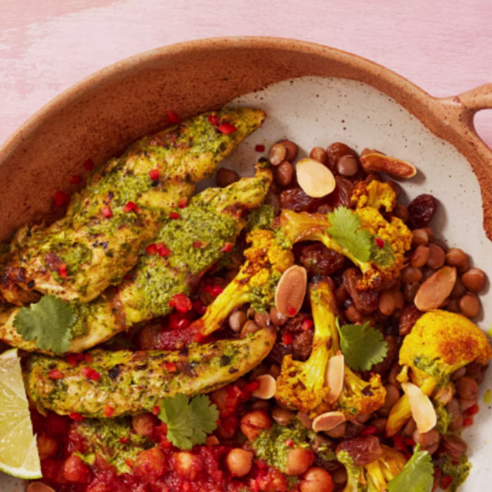 Chicken tikka with chana daal and spiced cauliflower lentil salad