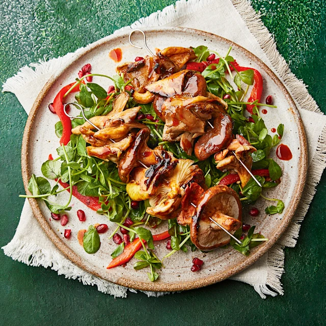 Glazed Mushroom Kebabs with Red Pepper and Pomegranate Salad
