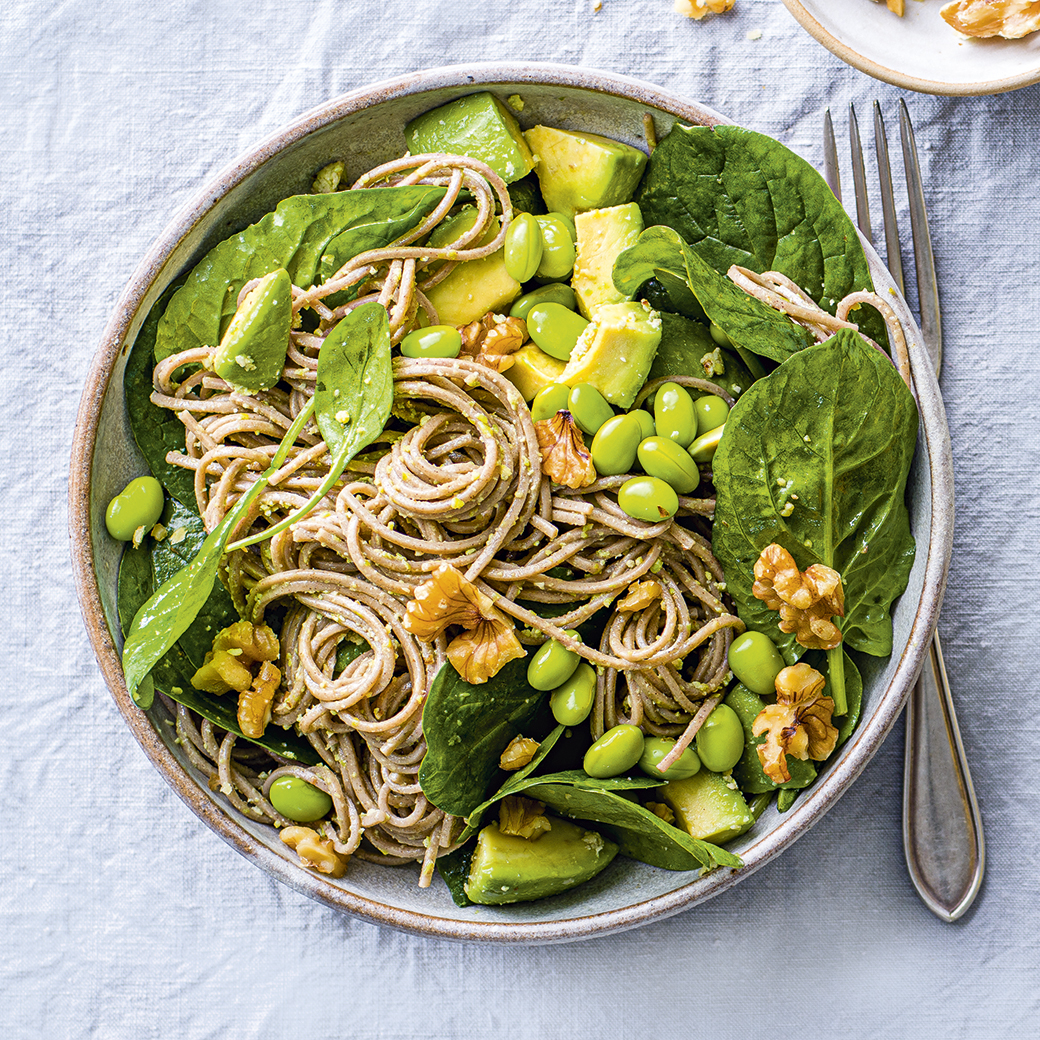 Buckwheat Noodles with Walnut and Edamame Pesto
