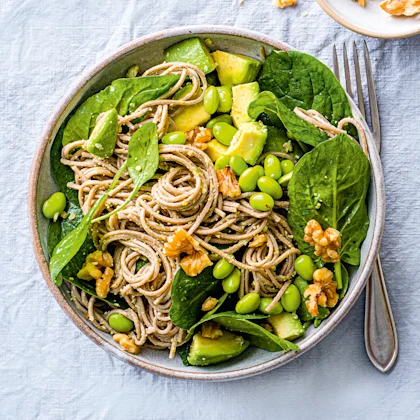 Buckwheat Noodles with Walnut and Edamame Pesto