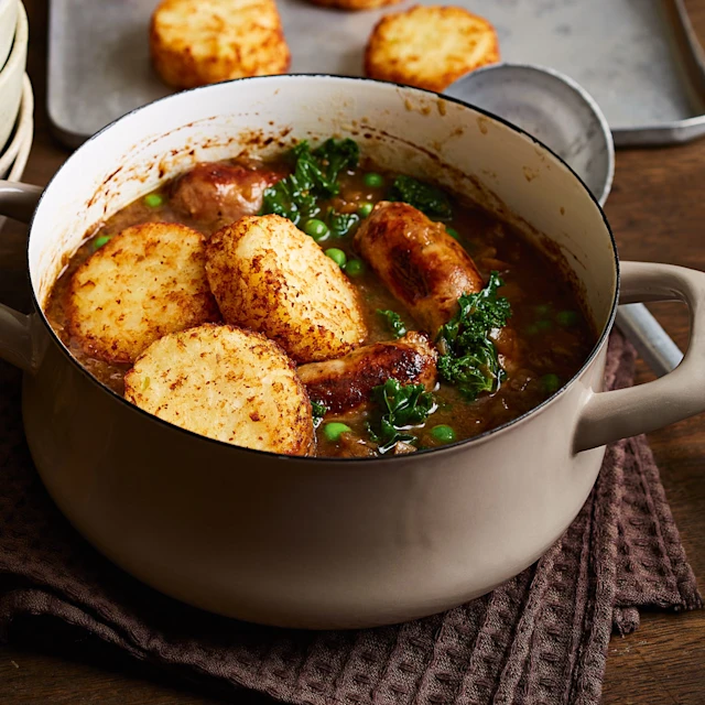 French Onion Sausage Casserole with Potato Rosti Croutons