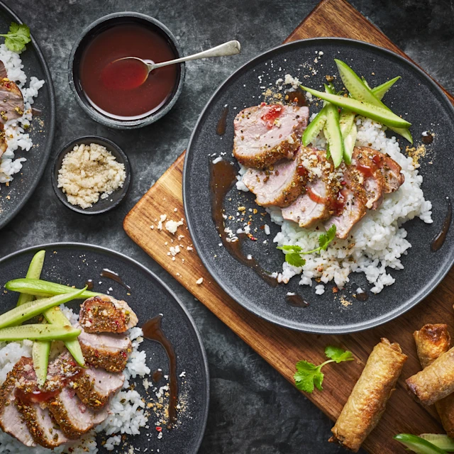 Roast Duck Crown with Crispy Bites and Sticky Plum Glaze