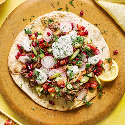Easy Sumac Lamb ‘Pizza’ with Radish and Pomegranate Salsa
